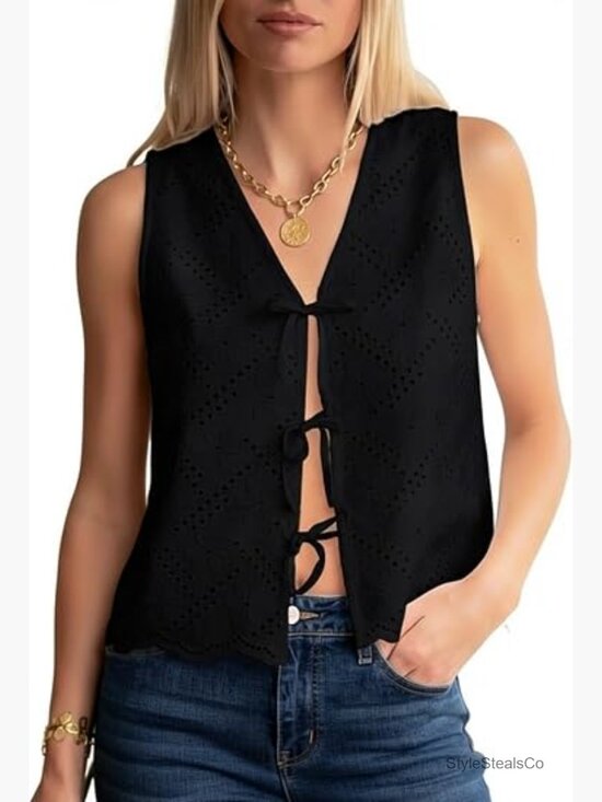 Tops - V Neck Front Tie Eyelet Sleeveless Tank Top Scalloped Hem